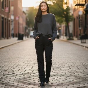 Cache Diamond Lace Up Sides Black Boot Cut Pants